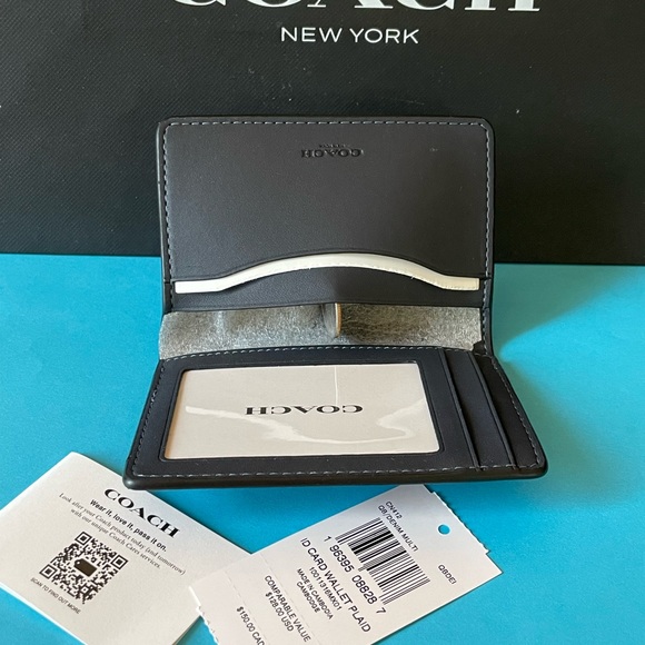NWT Coach Id Wallet With Plaid Print Gunmetal/Denim Multi - Picture 2 of 7